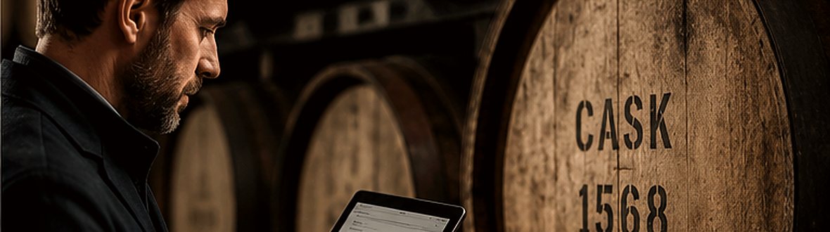 A specialist assessing a numbered whiskey cask with a tablet