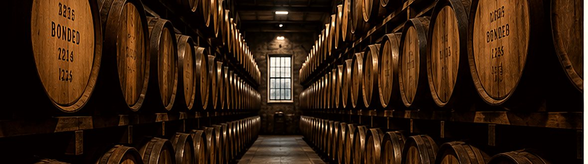 Rows of maturing whiskey casks in a bonded warehouse
