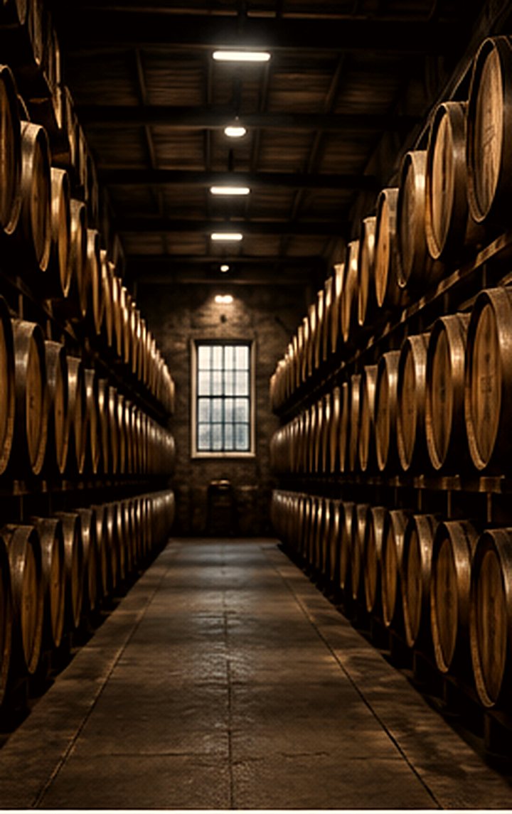 Rows of maturing Irish whiskey casks receding through a bonded warehouse in Cork